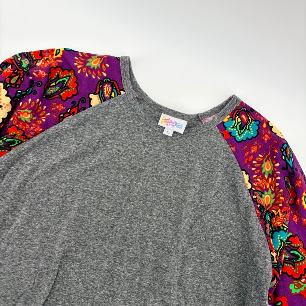 LuLaRoe Randy Tee Women Large Grey Purple Paisley Raglan 3/4 Sleeve Baseball Top